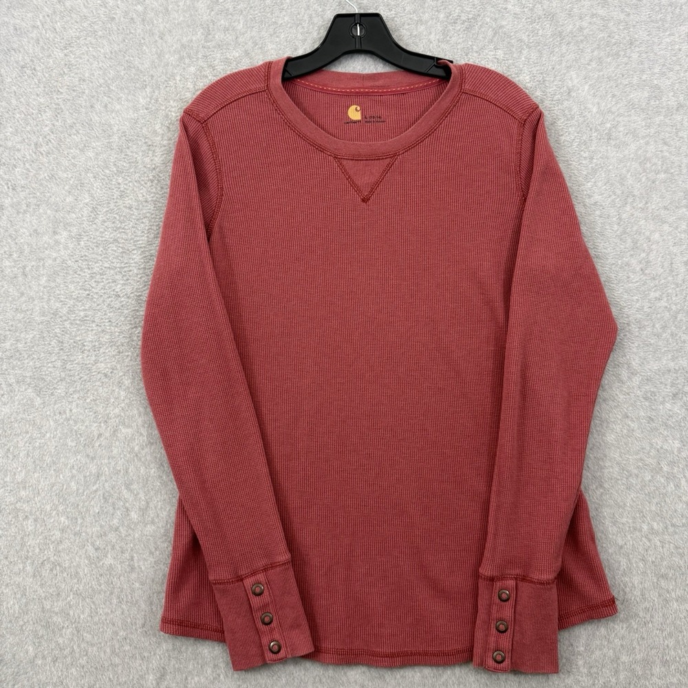 Carhartt Henley Women's Large Red Knit Long Sleeve Stretch Waffle Snap Cuff Work